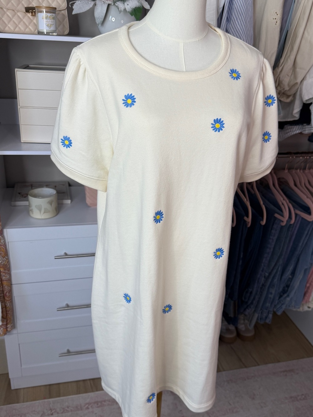 Free Assembly Cream Mini Dress with Blue Daisy Embroidery